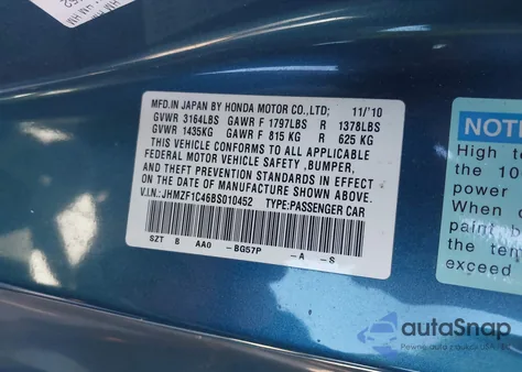 2011 Honda Cr-Z from USA, damaged, VIN JHMZF1C46BS010452